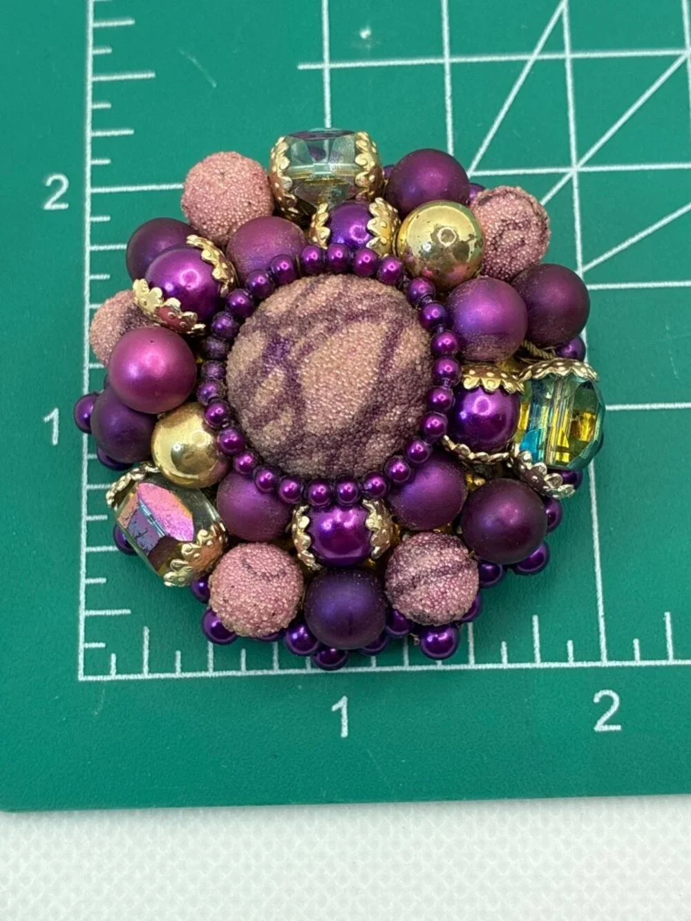Vtg Japan Purple Brooch Sugar Beads Gold Accents & Faux Gemstones 2 In Diameter